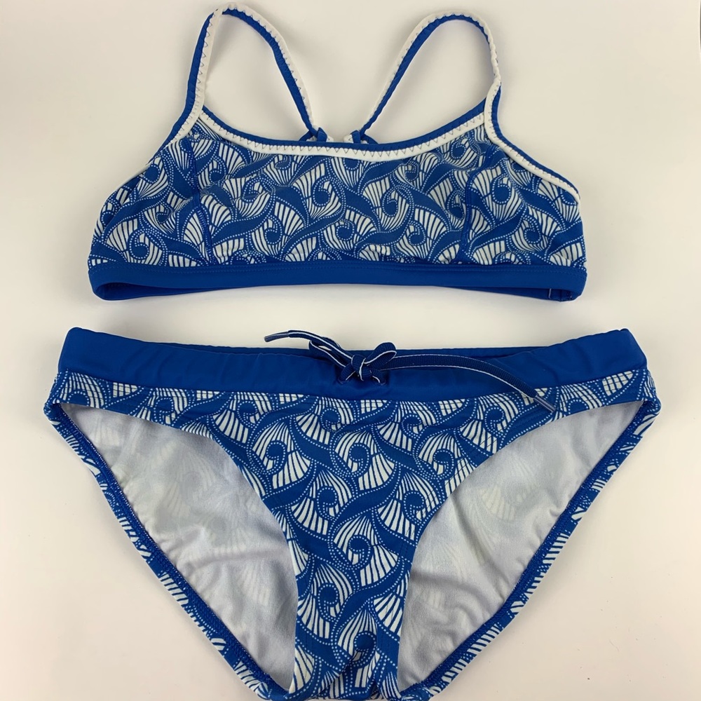Lands' End 2 Piece Blue and White Swim Suit Racerback Bathing Suit Bikini